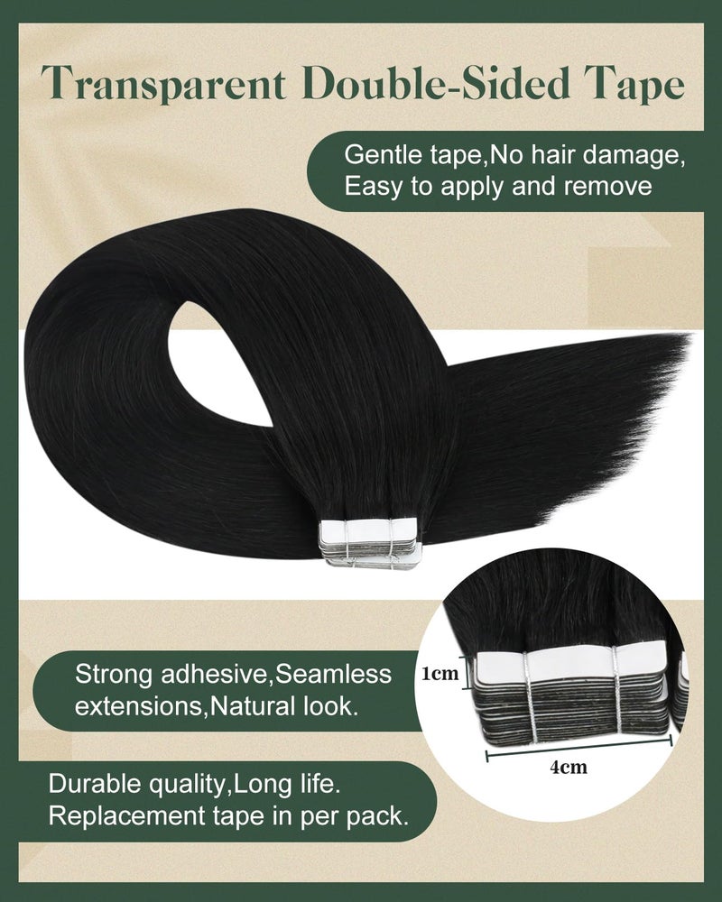 Ugeat Tape in Extensions Human Hair Jet Black Tape in Hair Extensions Human Hair Black Glue in Hair Extension for Women Add Length 22 Inch 20Pcs 50G - Image 3